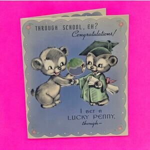 Marjorie Cooper Cute Bears Graduation Diploma Cap & Gown Vintage Rust Craft Card
